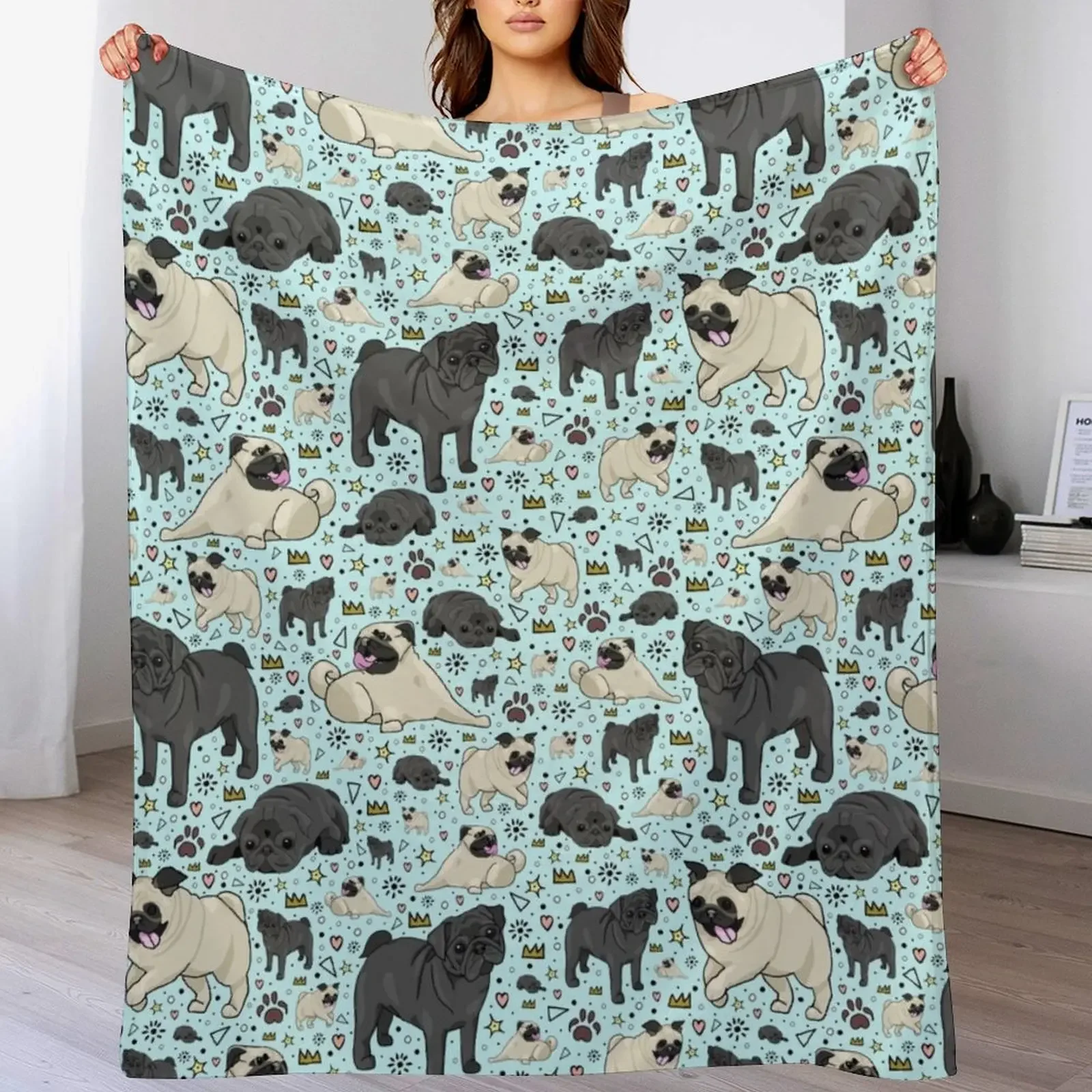 Pugs in Blue Throw Blanket Warm Cozy Throw Blanket for Living Room Couch