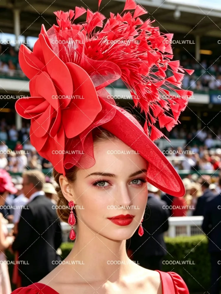 Women Derby Ascot Races Millinery Hat Red Big PE Flower Fascinator Headband Wedding Formal Party Derby Hair Accessories