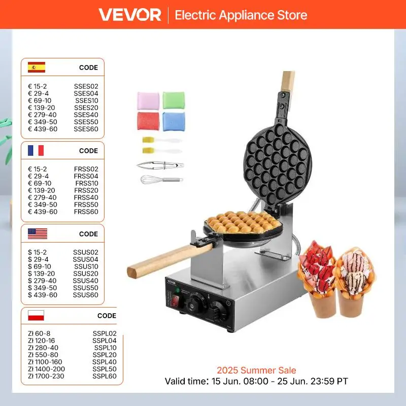 VEVOR Kommerzielles Eierblasen-Waffeleisen, 1400 W, antihaftbeschichteter Seifenblasen-Puff aus Edelstahl mit 180 ° Drehbare 2-Pfannen und Holzgriffe
