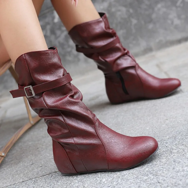 

Модные женские ботинки до середины икры, удобные короткие ботинки, увеличивающие рост, синяя, красная, черная, белая обувь, женская обувь, большой размер 50,