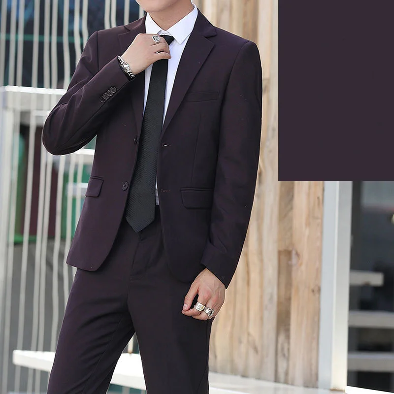 

KIDWHXR Man 2-piece Set Simple Solid Color Single-breasted Male Outfit Fashion Long Sleeve Breathable Business Casual Suits