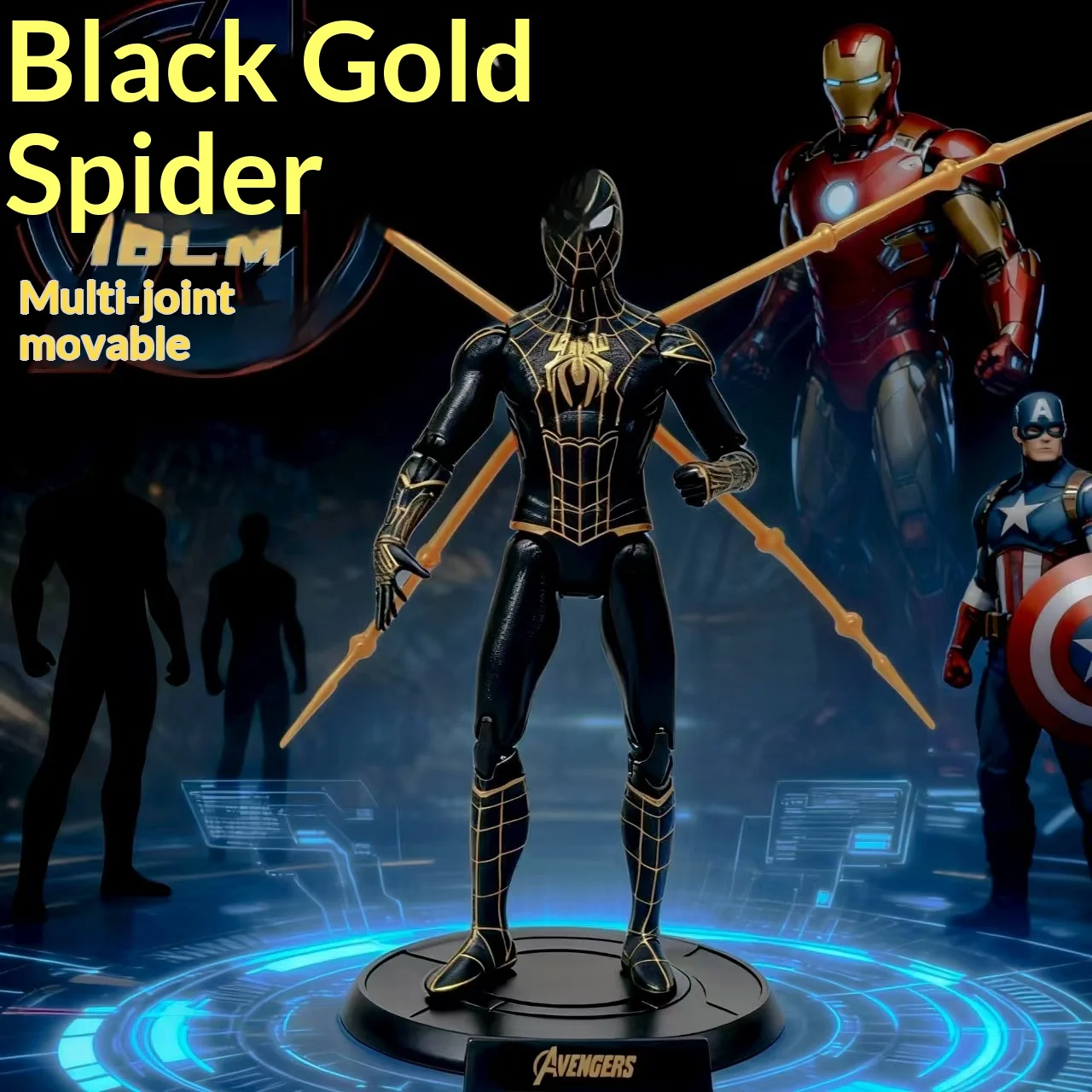 Figura de acción de Spider-Man de Marvel, color negro y dorado, 18cm, articulaciones articuladas, modelo coleccionable, decoración de escritorio, juguete para fanáticos de la película Los Vengadores