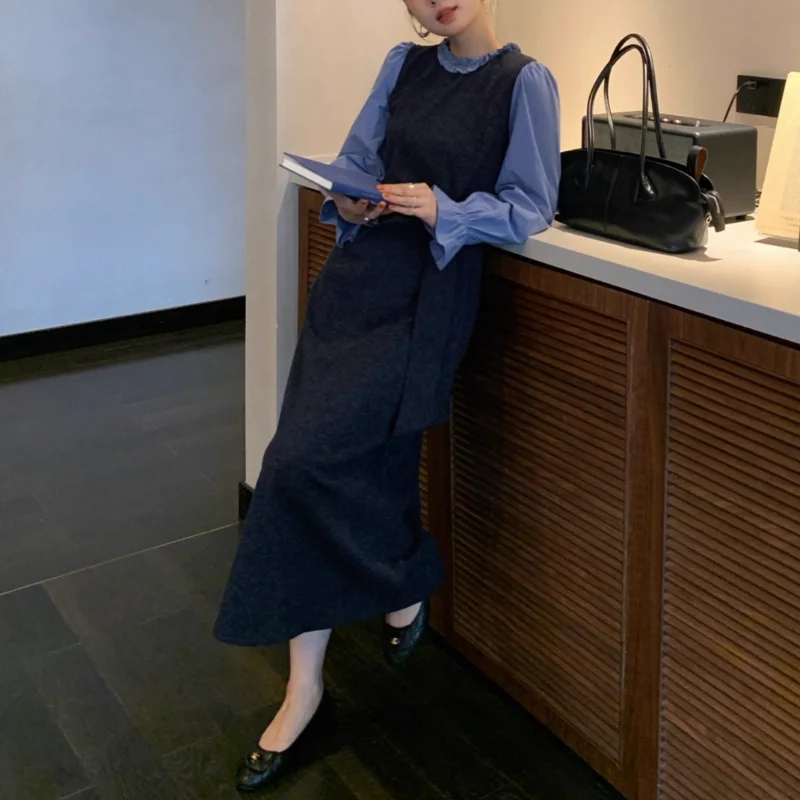 

Французское нежное трикотажное платье с круглым вырезом и длинными рукавами, женское модное милое винтажное длинное женское платье с рюшами и воротником