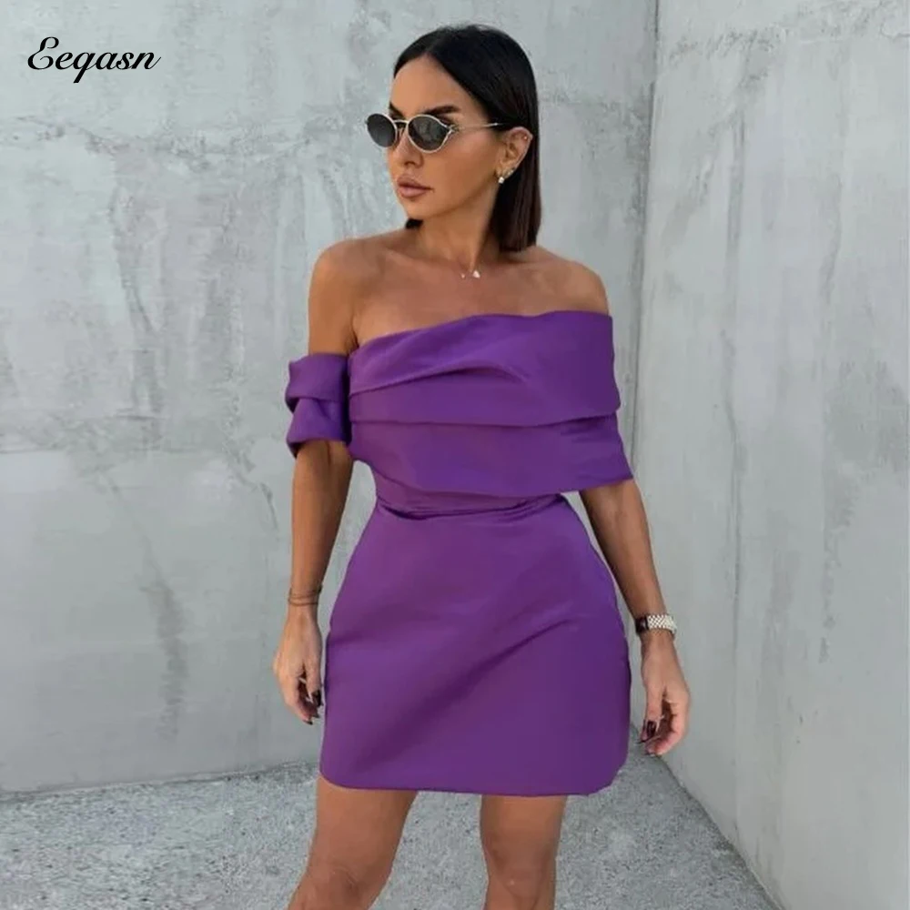 

Elegant Purple Cocktail Dresses Strapless Satin Women Birthday Party Dress Off the Shoulder Mini Prom Graduation Gown Customized