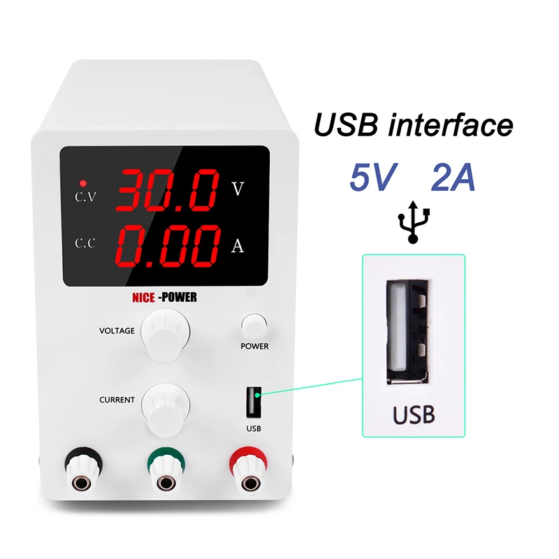 

NICE-POWER R-SPS3010 30V 10A DC Regulated Power USB Interface Digital Adjustable Switching Lab Testing Variable Power Supply