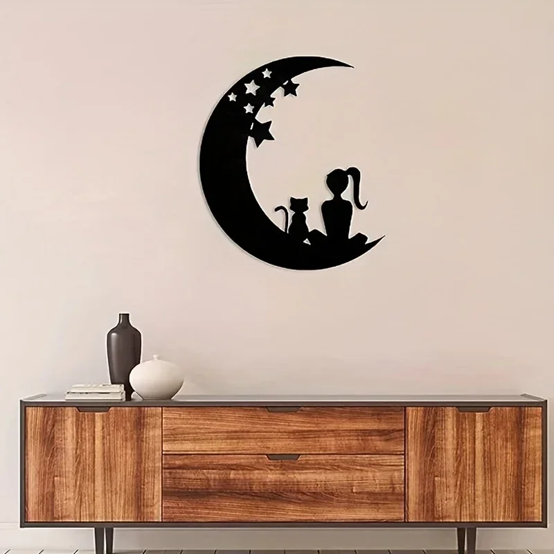 Gato e Lua Metal Wall Art, Decoração moderna, Escultura bonito da parede do gato, Presente