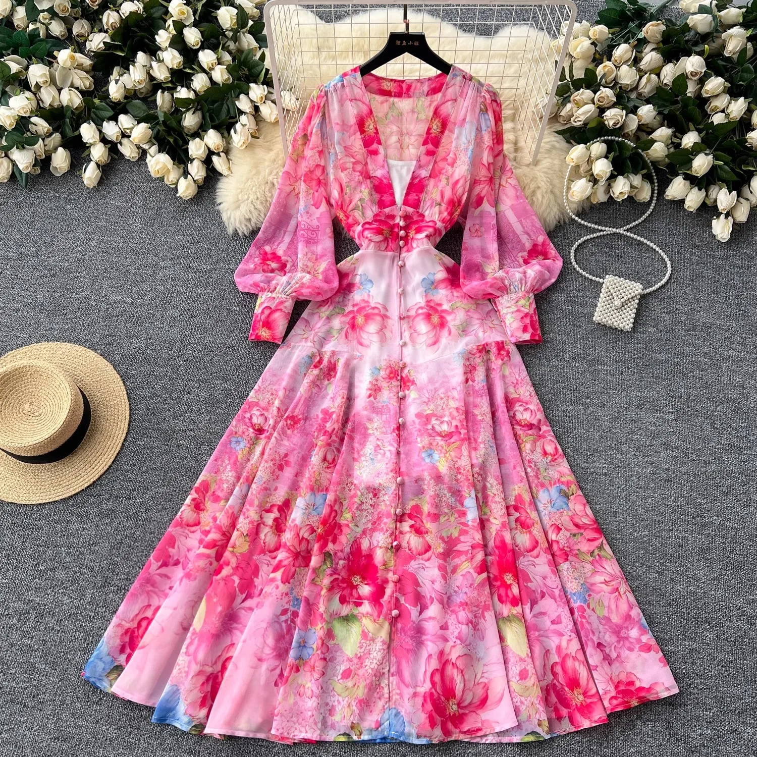 

Summer Holiday Flower Long Maxi Dress Women's V Neck Lantern Sleeve Floral Printing Big Swing Chiffon Boho Robe Vestidos 2085