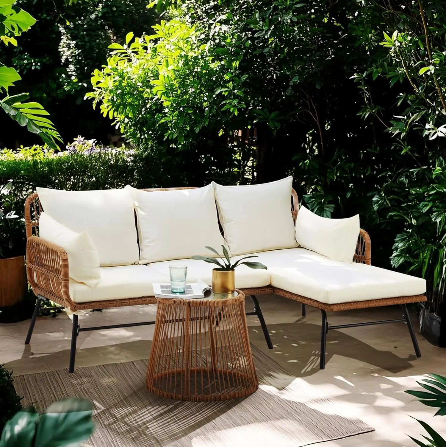 3pc L-Shaped Rattan Sectional Sofa Thick Cushion Glass Coffee Table All Weather Backyard Porch Poolside, Custom
