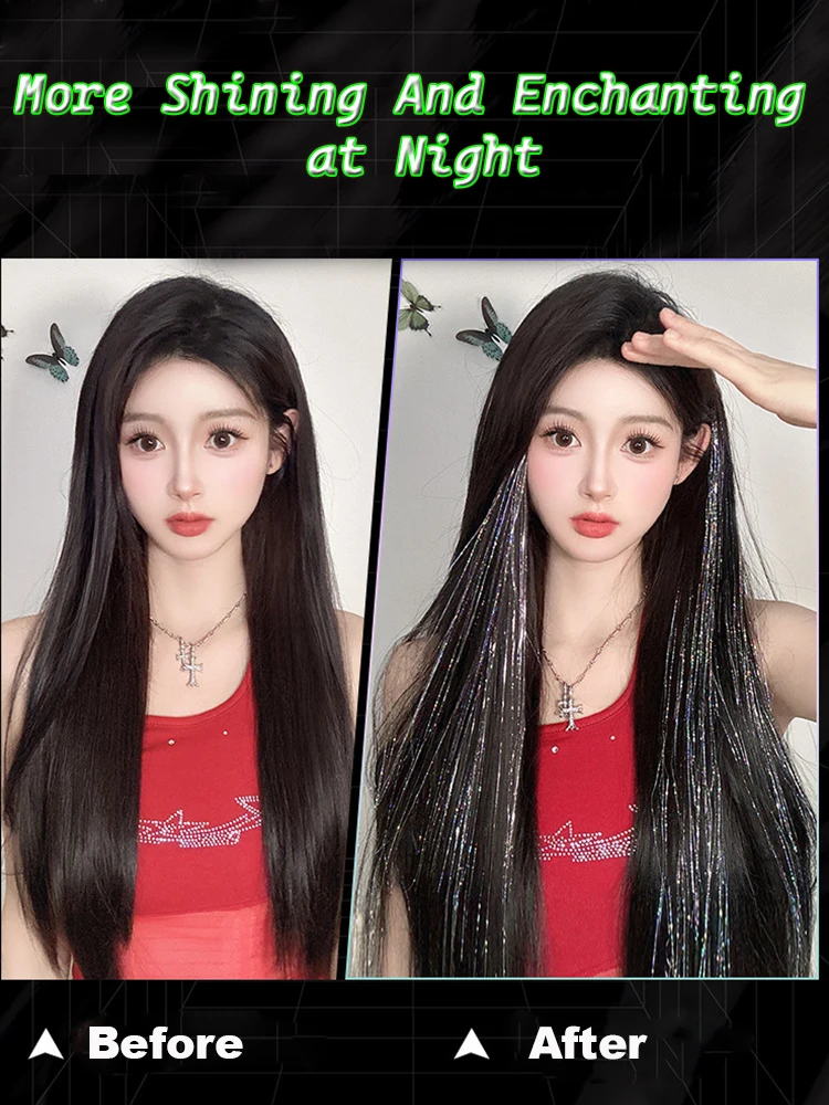 Image 5: Extensions de cheveux synthétiques laser teintes à l'oreille de 20 pouces avec clips BB sans couture, postiche brillant en tinsel pour filles