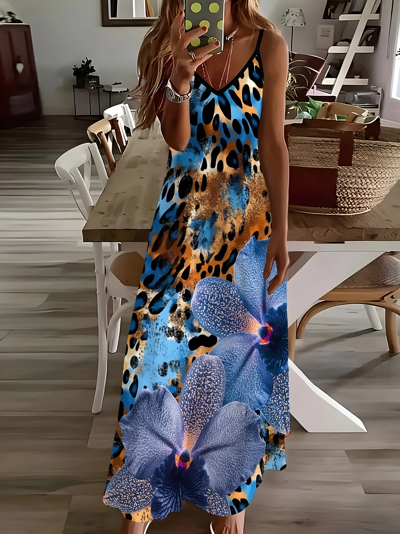 

Printed Design Casual Leopard Floral Contrast Pattern Slip Dress