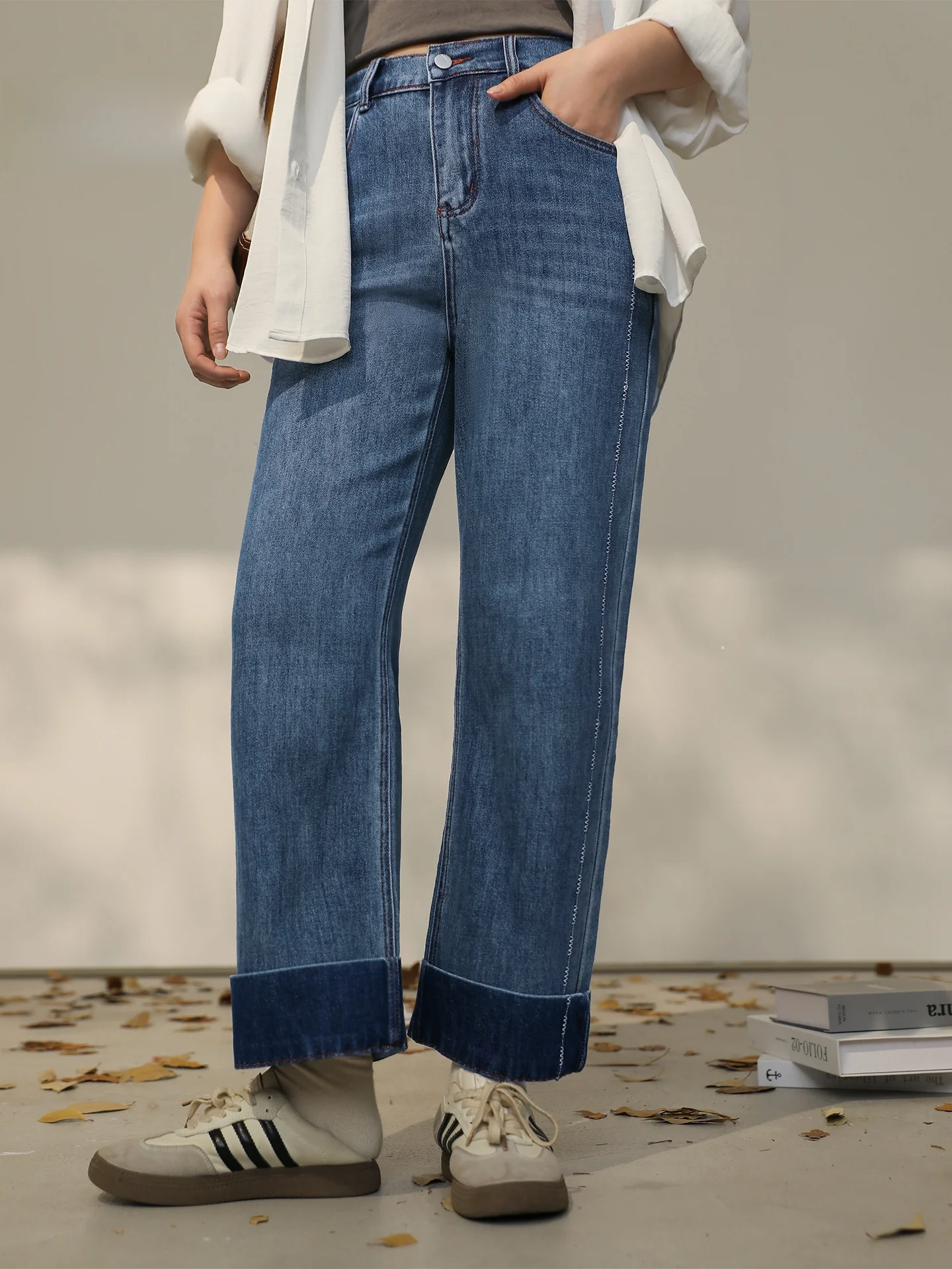 

plus Size Faionable Casual High Waist Wide Leg Jeans Color Blo Spring Season Ladies Jeans Straight Cut Pure Color