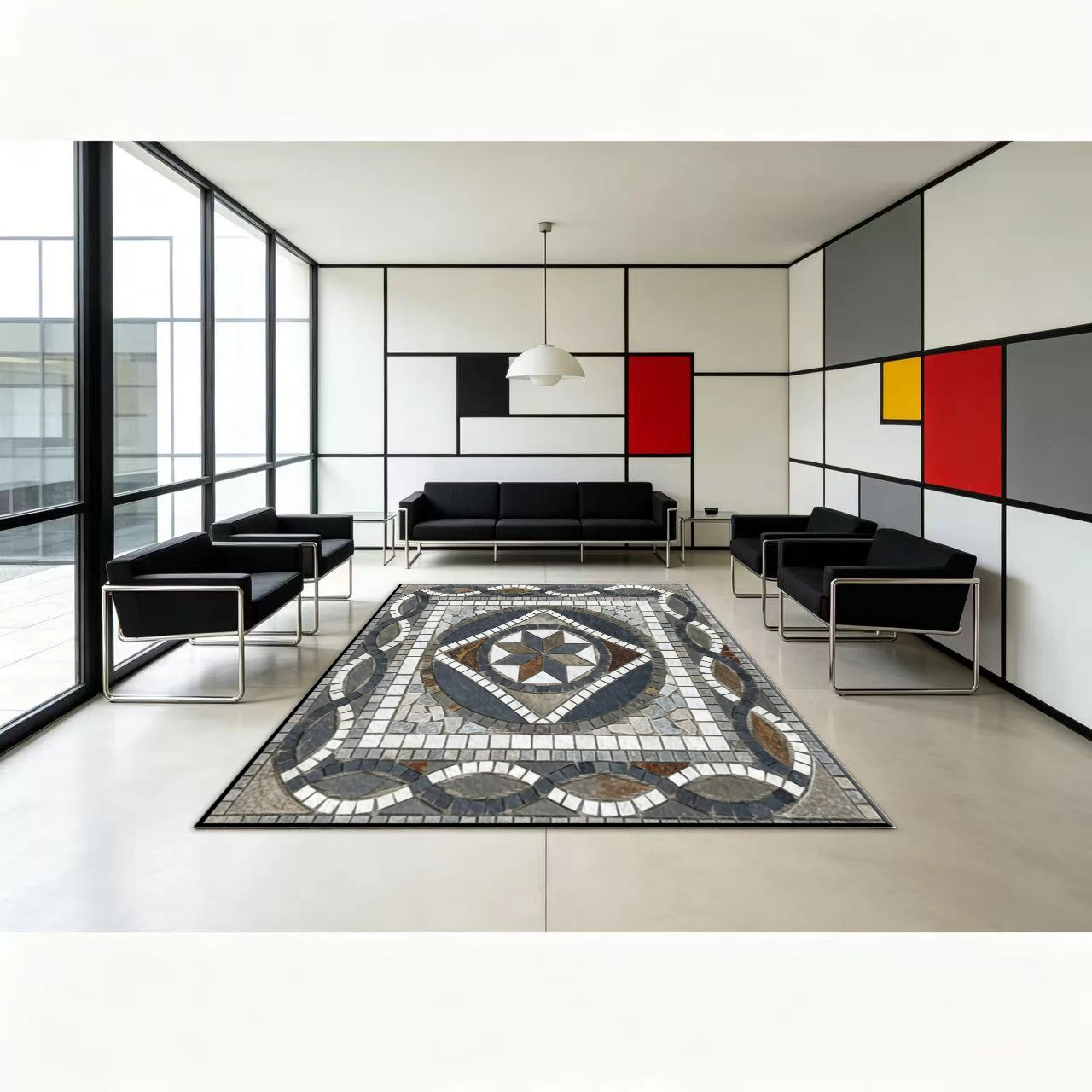 Mosaic Stone Pattern Square Area Rug Retro Geometric Decorative Floor Carpet for Living Room Bedroom Indoor Home Decor