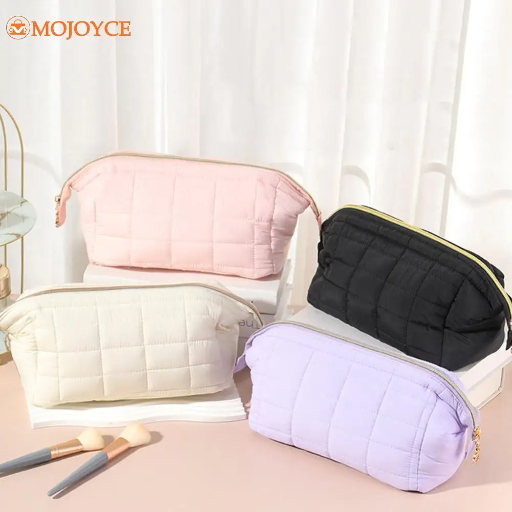 Quilted Cotton Makeup Pouch Puffer Padded Cosmetic Bag Large Capacity Skincare Storage Bags Aesthetic Travel Toiletry Clutch Bag