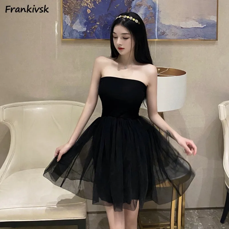 

Voile Dresses Women Strapless Solid Hotsweet High Street American Style Elegant Slim Simple Spliced Advanced Stylish Exquisite