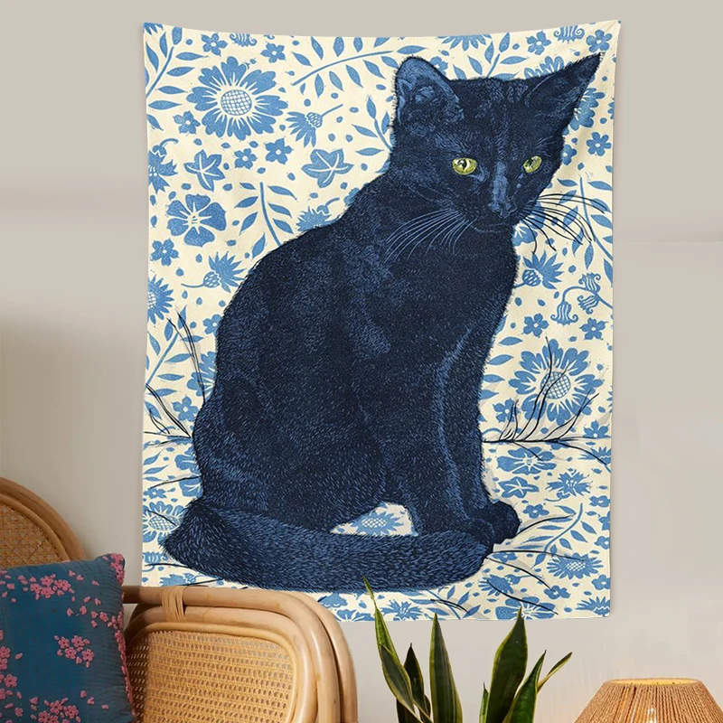 Black Cat Tapestry Wall Hanging Tarot Witchcraft blue flower leaf background  Baphomet Occult Home Wall Black Cool Decor Cat