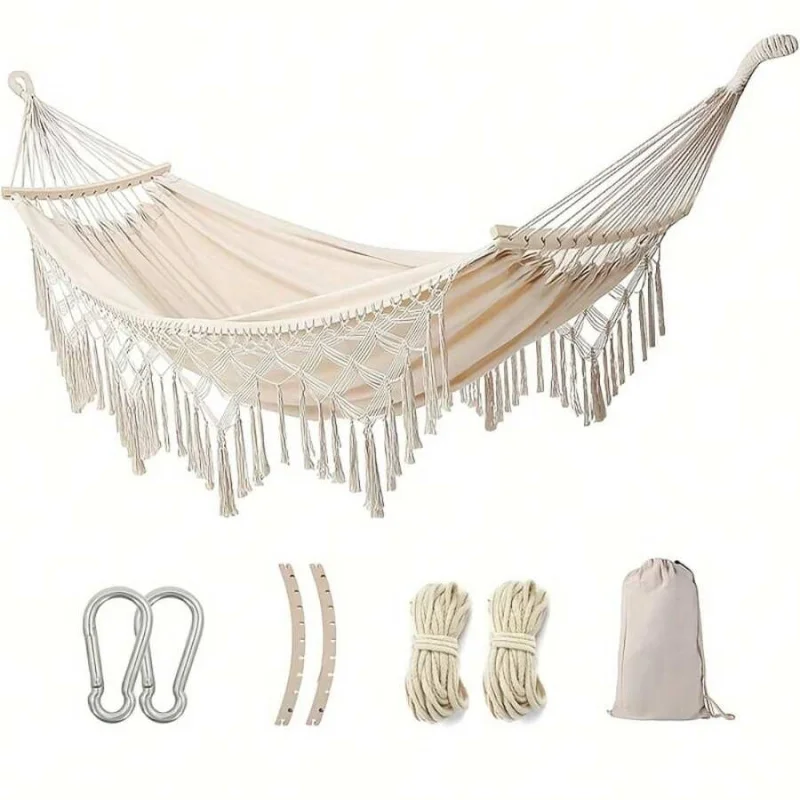 

Portable Swing Hammock Made Of Hand- Rope. Thickened And Widened Double Canvas Hammock With Anti-Slip Design