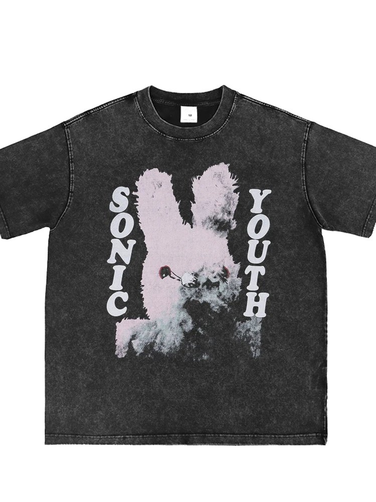 Sonic Youth Vintage Washed Spray Grey Street Punk Rock Short Sleeve T-Shirt Loose Fit Cotton Youth Summer Casual round Neck