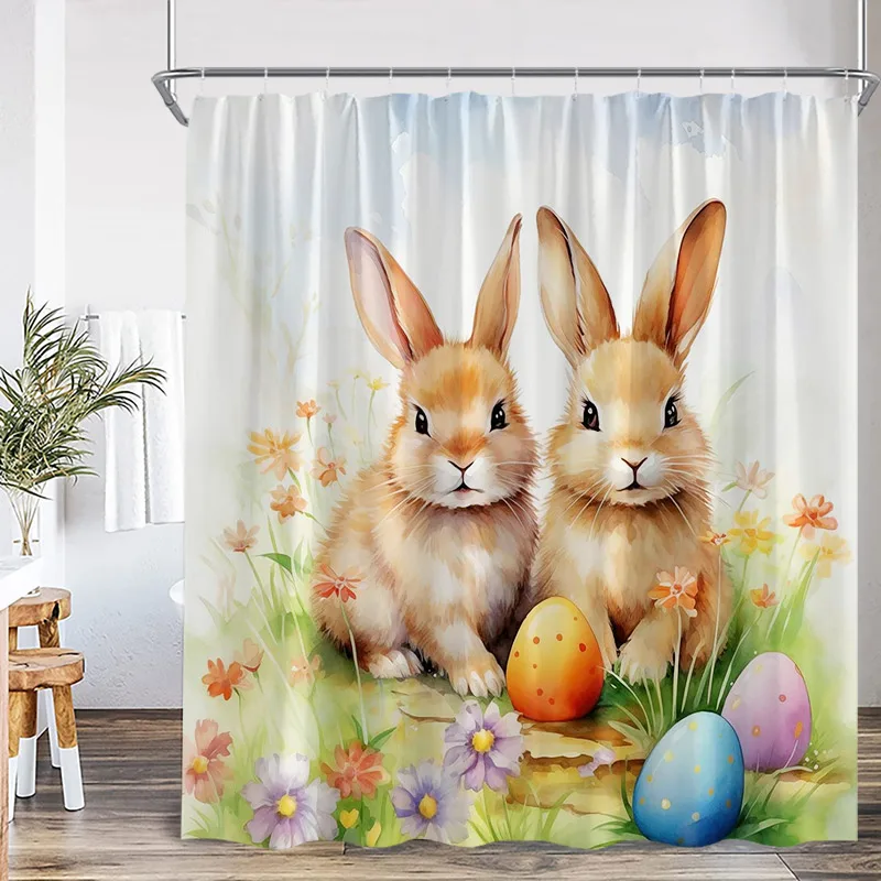 Funny Easter Shower Curtains Cute Bunny Pink Farm Truck Dogs Watercolour Floral Rabbit Eggs Bathroom  Curtain Decor with Hooks