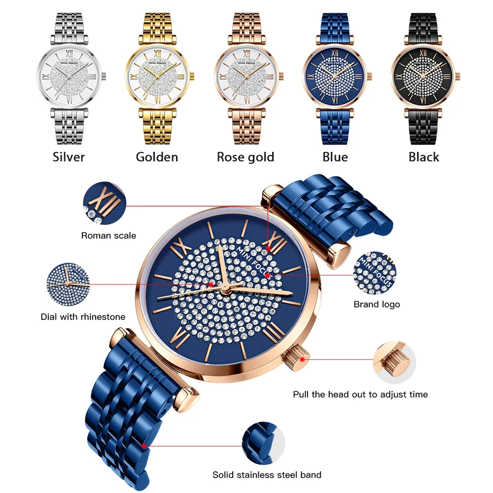 MINI FOCUS 0334L Women's Watch Water Diamond Full Diamond Watch Top Luxury Waterproof Quartz Women's Watch Reloj Mujer Relógio