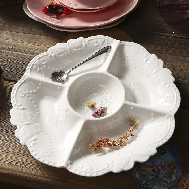 European Ceramic Divided Fruit Tray Embossed Craft Creative 5 Grid Snack Plate Home Living Room Decor Tableware