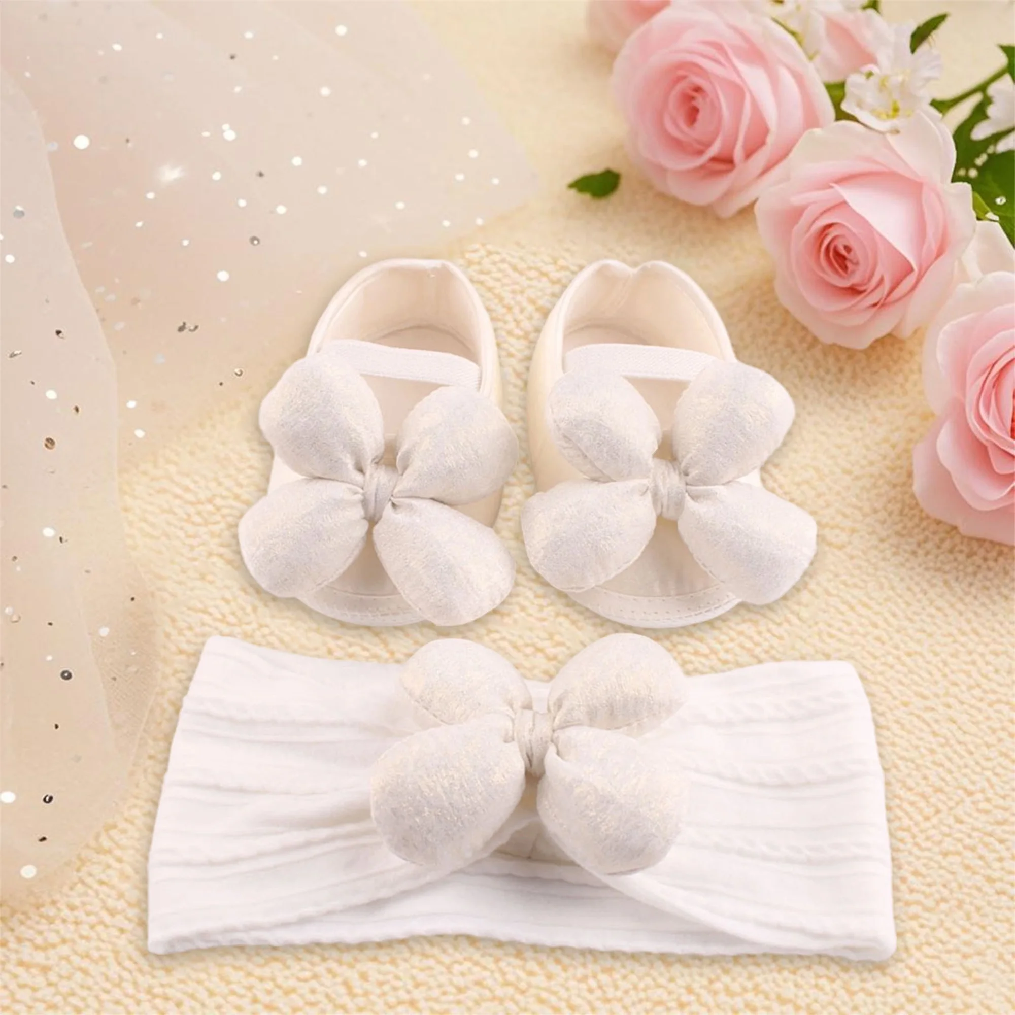 مجموعة صنادل رائعة للفتيات الصغيرات وقوس شعر بتصميم زهرة حلوة أحذية ناعمة للأطفال الصغار بخطوات أولى مع عصابة رأس متطابقة #5