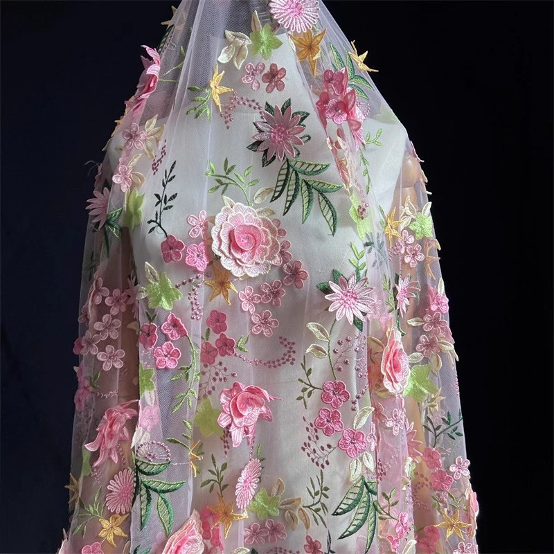 Hoge kwaliteit kleurrijke bloem mesh geborduurde kant stof handgemaakte jurk toast wieden jurk achtergrond decoratie accessoires