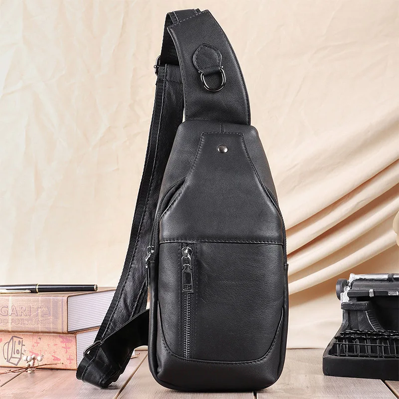 Genuine Leather Cowhide Chest Sling Bag Men Multi Zipper Pocket Crossbody Shoulder Bag Slim Lightweight Casual Sling Backpack