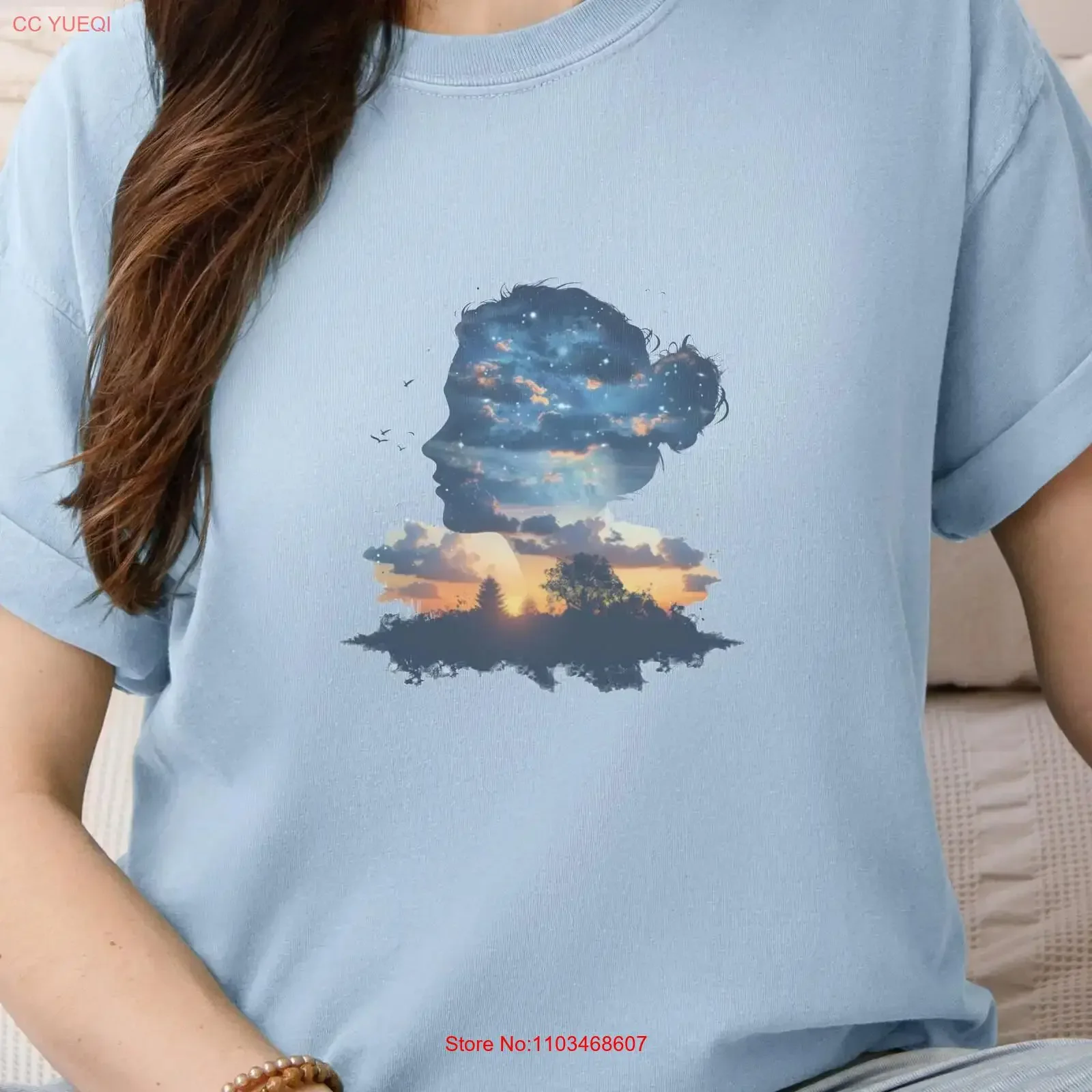 Camiseta de meditación con silueta de puesta de sol, recuerdo etéreo, explora tu universo interior, evocativo, funky, visionario, vintage