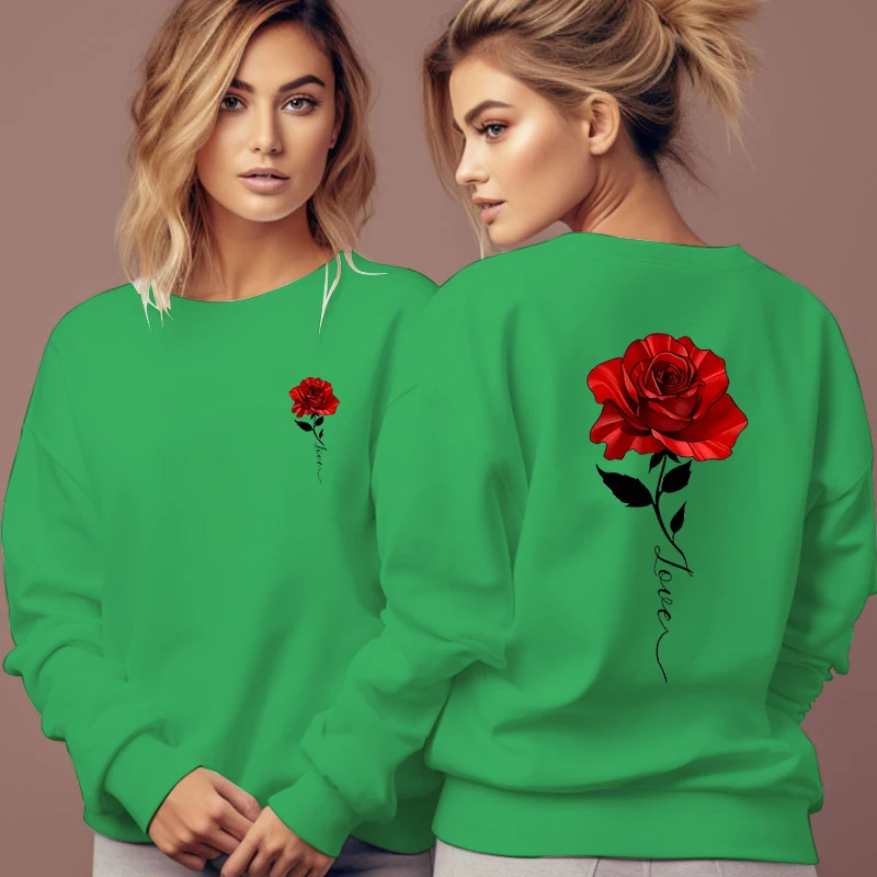 Rose Artistic Letter Printed Sweatshirts Women Fashion Street Pullover Vintage Floral Round Neck Tracksuit Autumn Female Hoodies