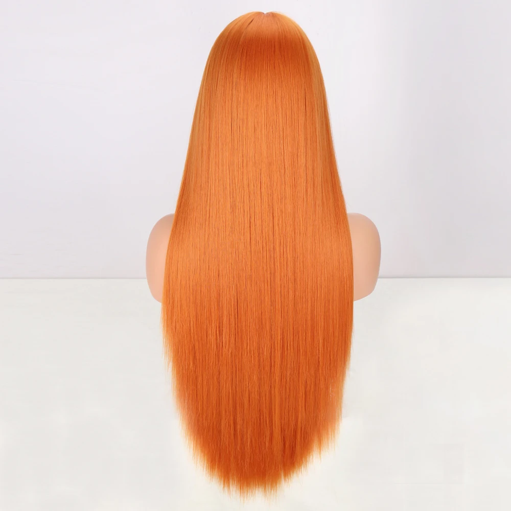 Wig pengganti rambut sintetis, warna oranye dengan poni wig tahan panas untuk mode kostum Cosplay wanita