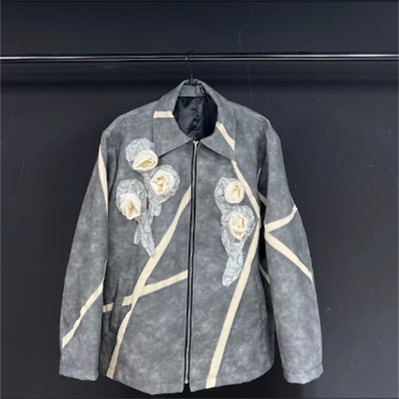 【custom】pu leather jacket coat top Autumn and winter new men's flower hand flower original design loose trend thick