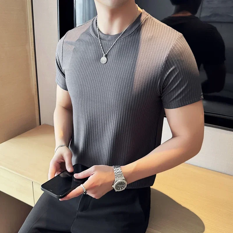 2024Summer Men Fashion High Elastic Casual T-shirt Trendy High Street High Quality Comfortable Special Offer Hombre Short Sleeve