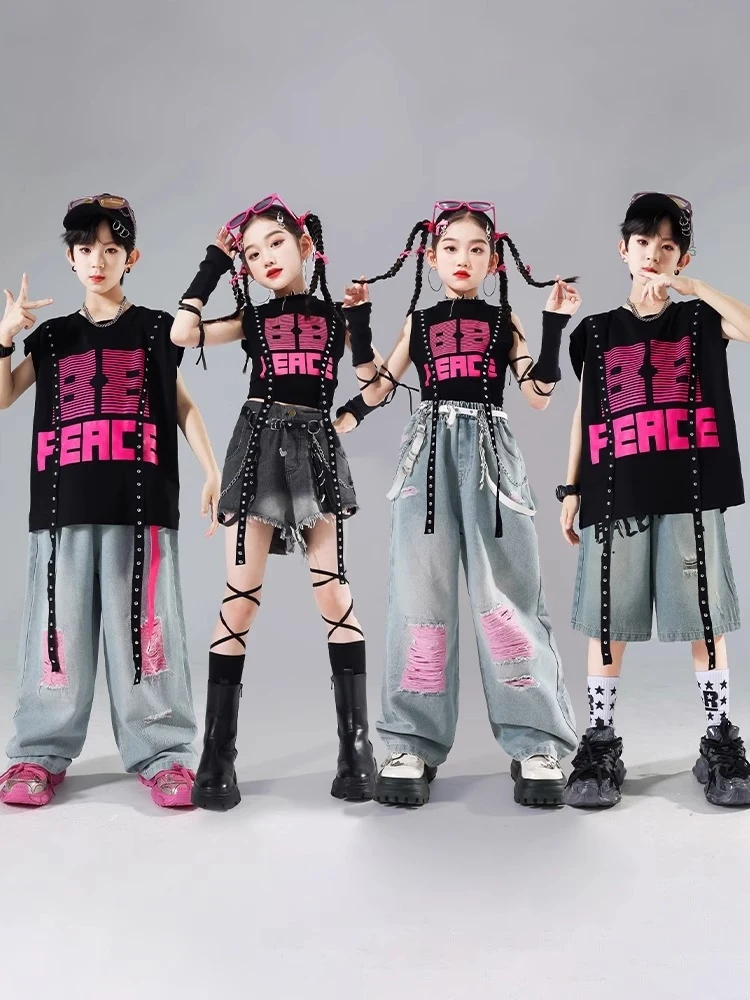 

Летняя детская одежда в стиле хип-хоп для мальчиков и девочек, жилет в стиле панк, брюки с дырками, одежда для барабанов, джазовых танцев, одежда для выступлений, Kpop, сценические наряды BL16001