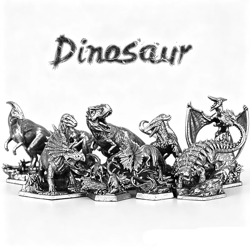 Metal Dinosaur Figurines Miniature Model New T-Rex Dilophosaurus Eoraptor Troodon For Desktop Car Interior Chess Decor