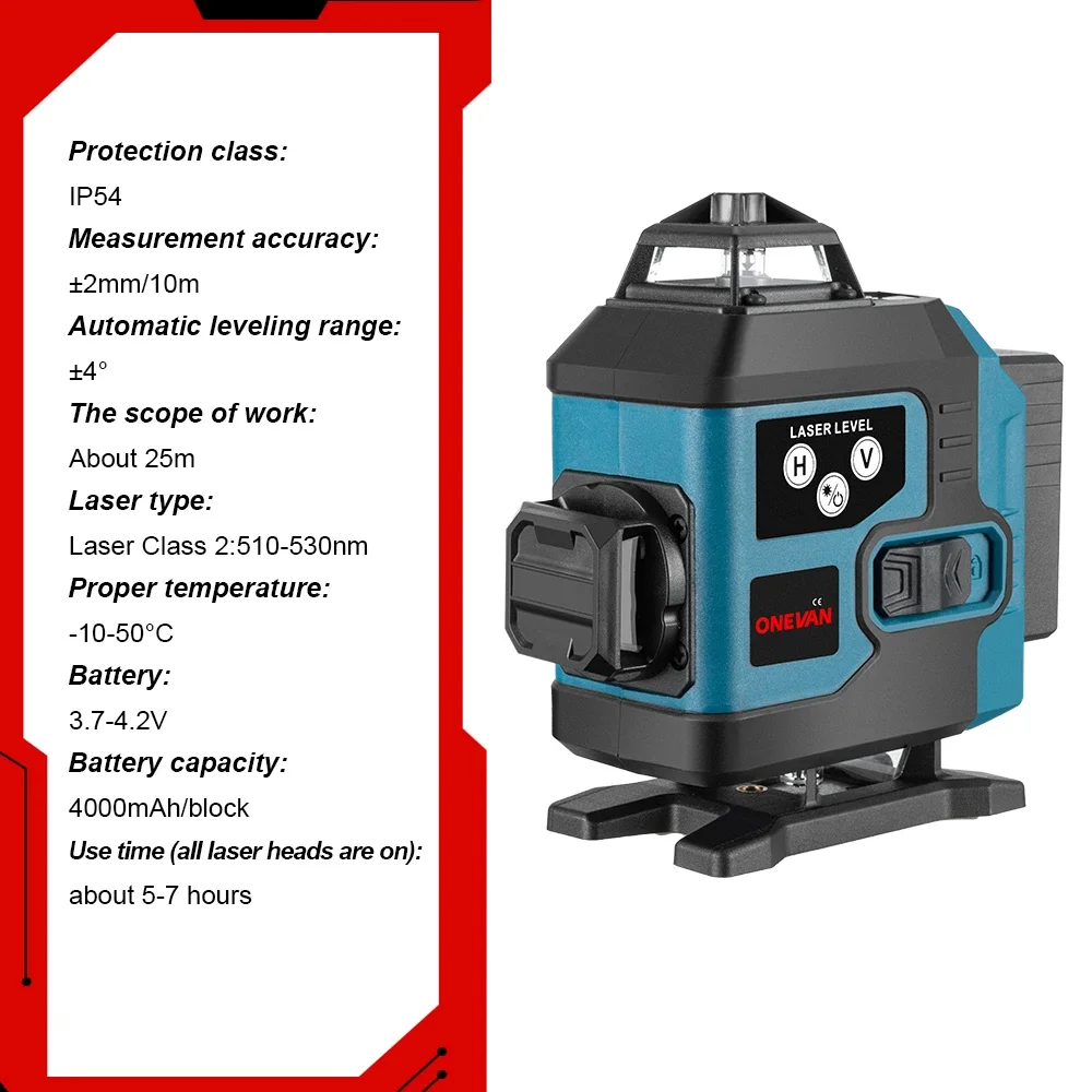 16Line 4D Laser Level Self Leveling With Digital Display 360 Horizontal Vertical Cross Rechargeable Battery Leveling Tool