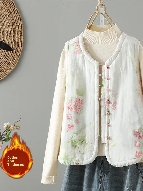 

plus Size Cotton Vest Women's Winter Thiened Warm Floral Print Faionable Trendy Button up Long Sve round Ne Cardigan
