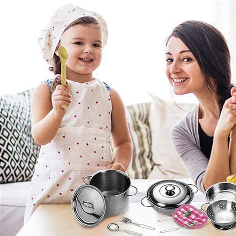 12 Pieces Pots and Pans Toys Simulation Stainless Steel Toys Play Pots and Pans Toy Set Kitchen Play Set for Children