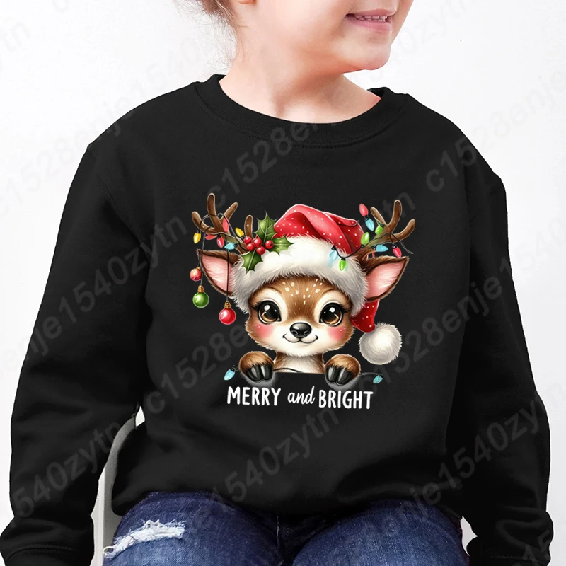 Christmas Light Reindeer Merry And Bright Print Pullovers Round Neck Kids Boys Girls Hoodless Sweatshirt Long-sleeved Sweatshirt