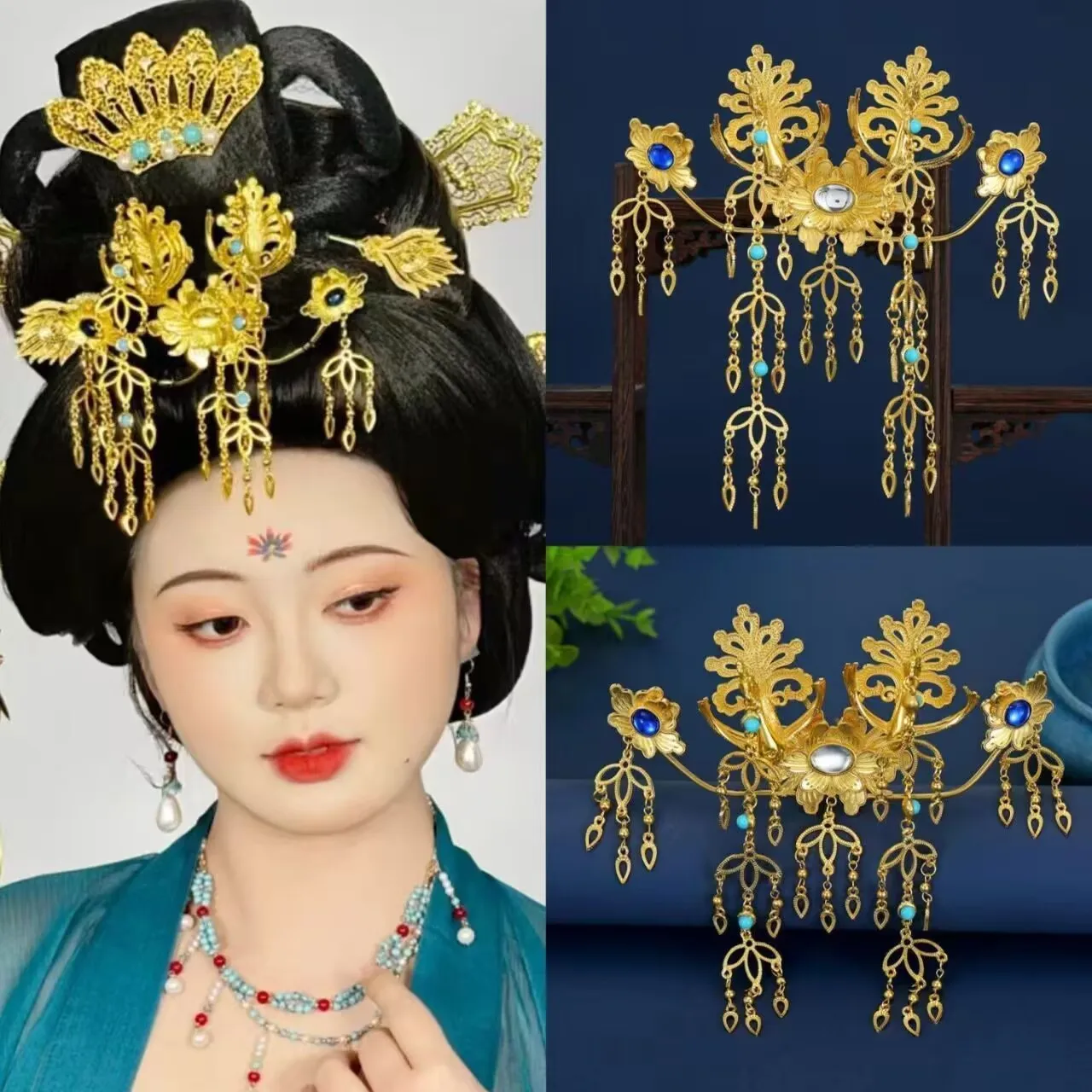 

Womens Headwear Gold Flowers With Metal Fringe Chinese Headdress