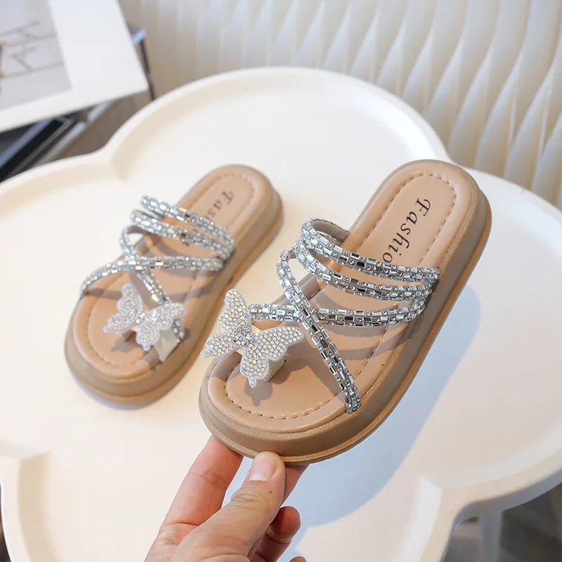 2026 Summer New Girls' Water Diamond Slippers Comfort Non Slip Kids Flat Beach Shoes Simple Versatile Girls' Bow Sandals Туфли