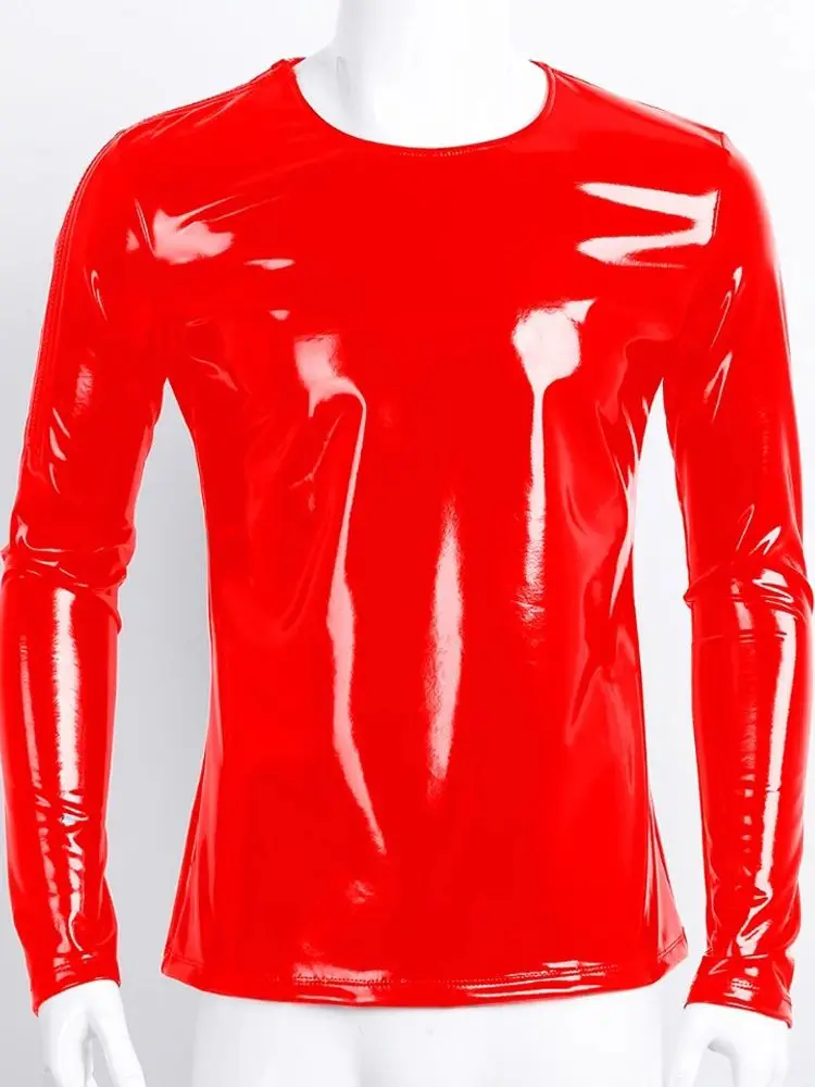 S-7XL nassen Look PVC Langarm T-Shirt Männer T-Shirt glänzend Pu Leder Hip Hop T-Shirts Muskel Hot Shaper Tops Strumpfhosen Streetwear