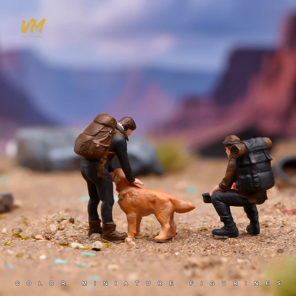 Painted Miniature 1/64 Scale Camping Men Dog Male Figure Mini Doll Model Props Display Outdoor Scene Match