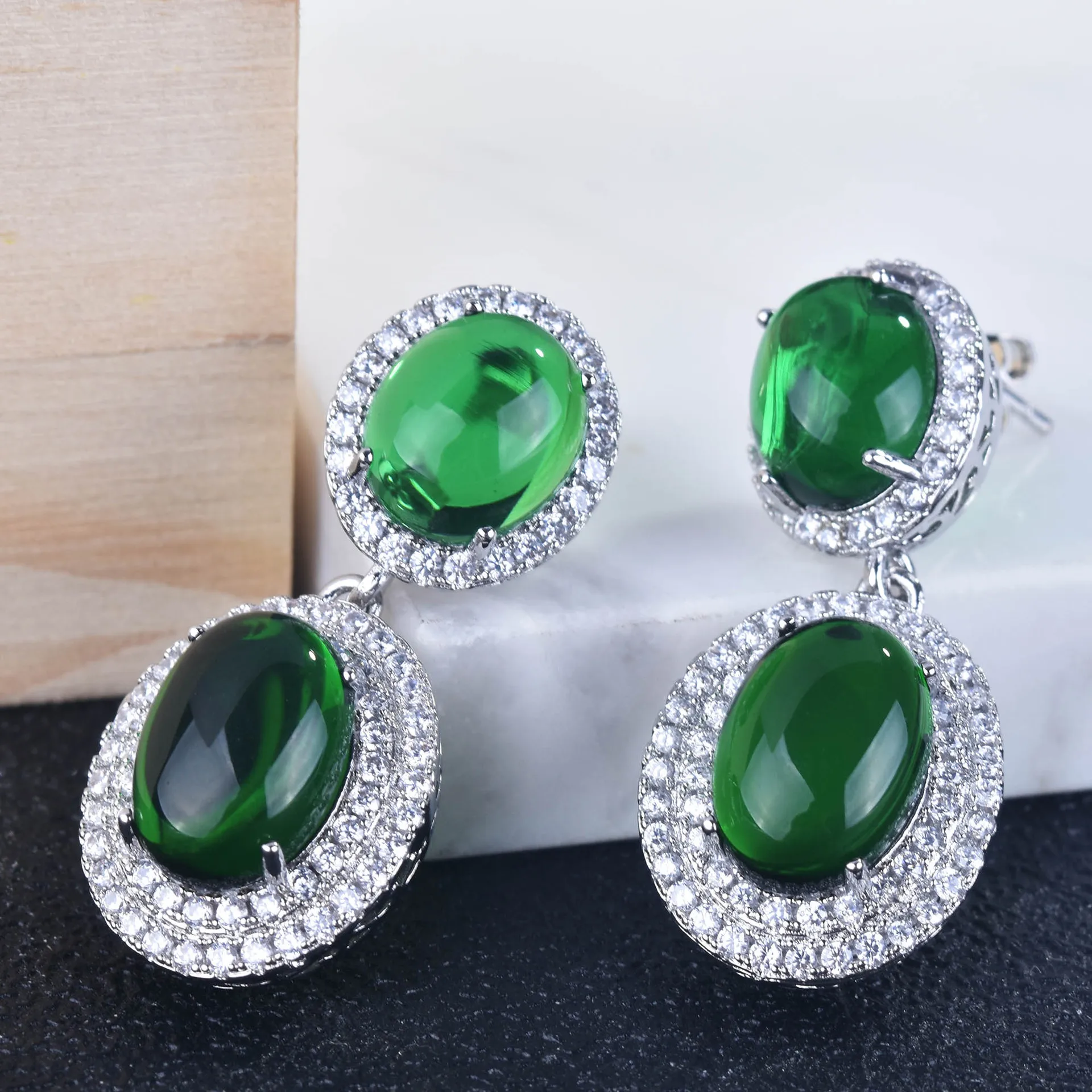 Exquisite Emerald Crystal S925 Silver Wedding Necklace Earring Inlaid Sparkling AAA Zircon for Women Engagement Jewelry Sets