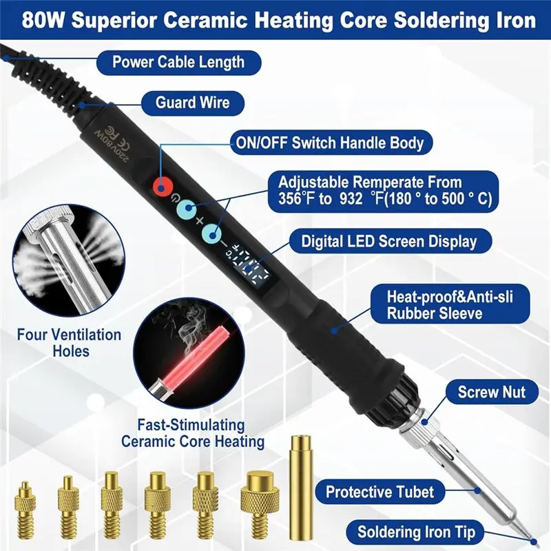 SYW-80W LED Soldering Iron With Temperature Control And 130 Piece Thread Insert Set EU Plug
