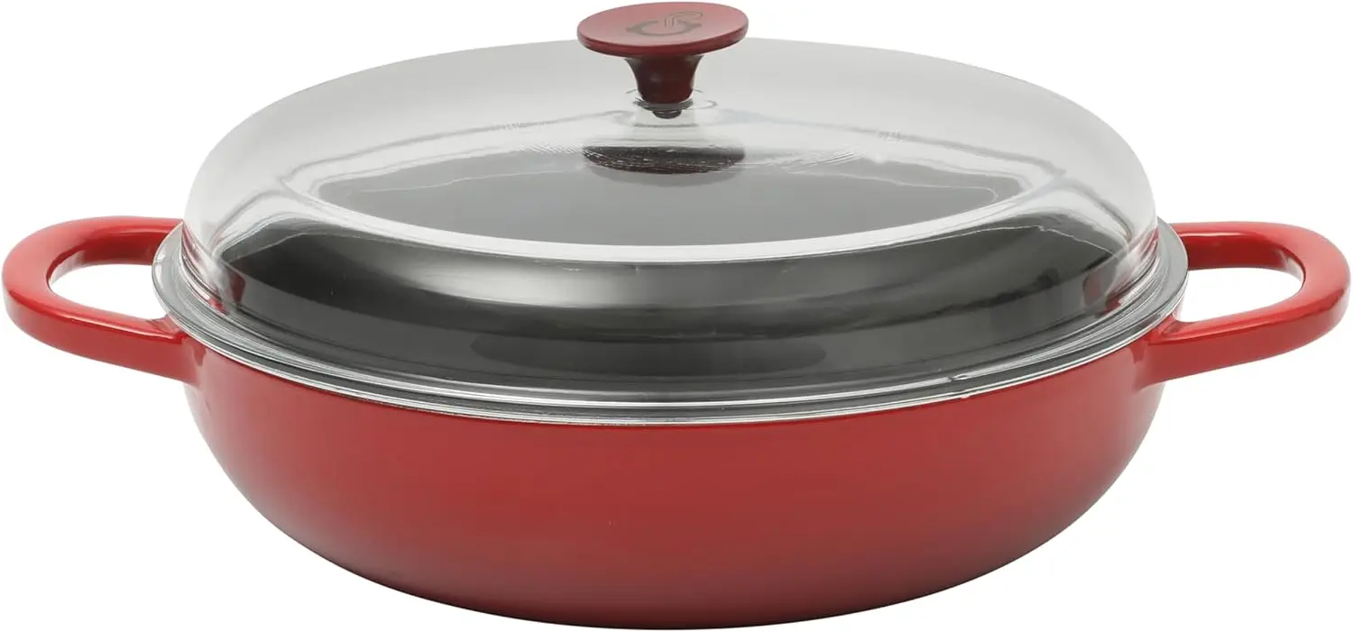 

5-Quart Enameled Cast Iron Braiser Pan with Glass Lid, Red - Oven Safe Skillet for Searing, Roasting, Baking