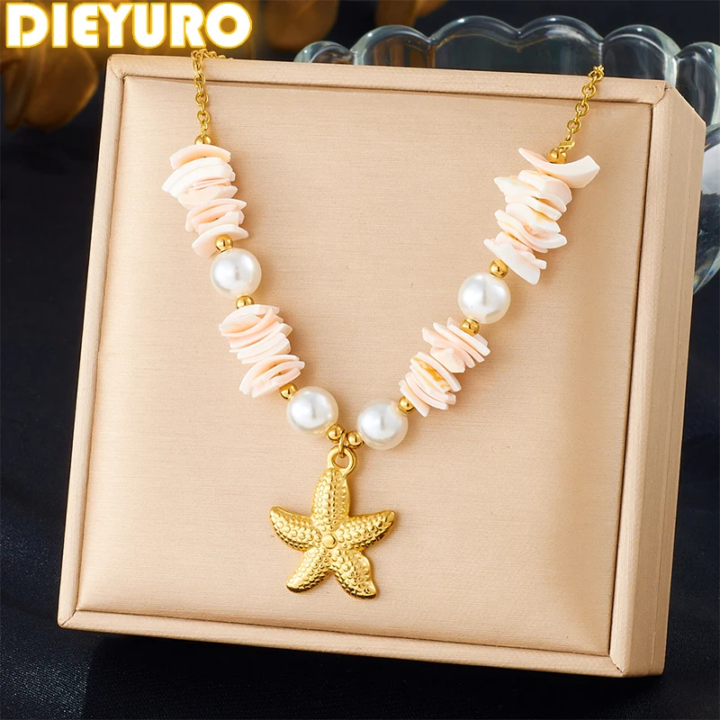 

DIEYURO 316L Stainless Steel Golden starfish Pearl Shell Pendant Necklace Lady New Fashion Trend Neck Chain Jewelry Party Gift