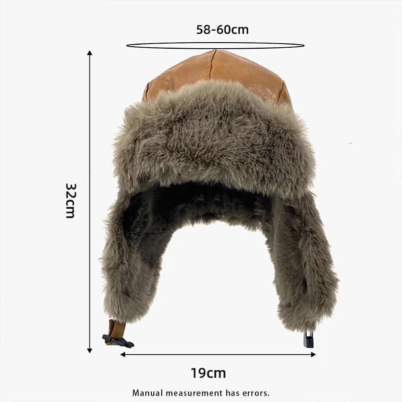 Faux Leather Men Aviator Hat Plush Lining Women Winter Trapper Cap Outfit Windproof Earflap Pilot Hat Ski With Security Strap