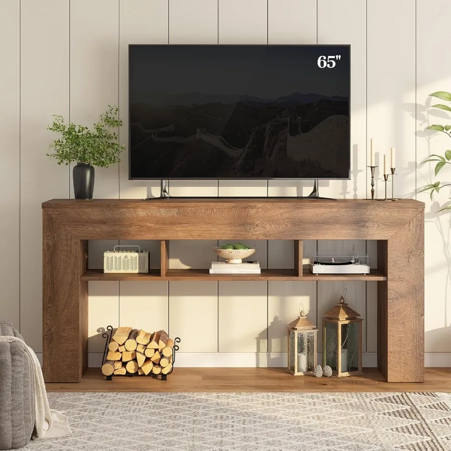 طاولة وحدة تحكم طويلة 63 بوصة للمدخل مع 3 أرفف تخزين مفتوحة وطاولة أريكة خشبية خلف الأريكة وممر المزرعة Ta