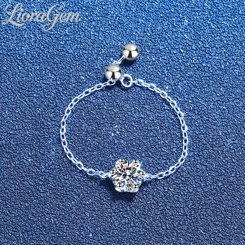 

LioraGem Women's Adjustable Chain Ring with Single Six-Prong Moissanite Stone, Sparkling Diamond Chain Ring Platinum PT950 Stamp