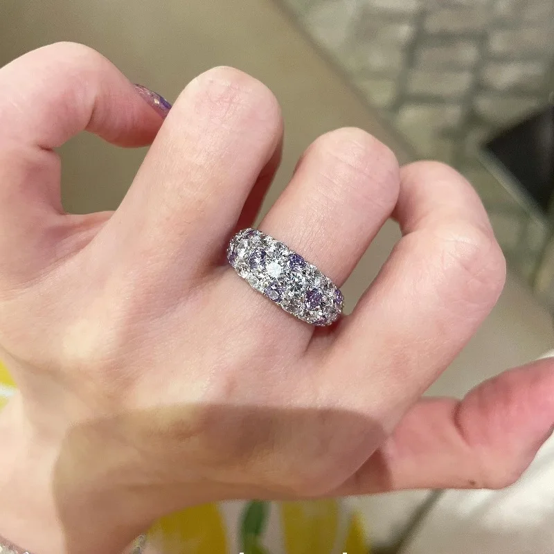 

High quality dazzling purple diamond starry sky rings for women sweet silver 925 exquisite chic half circle couple ring jewelry